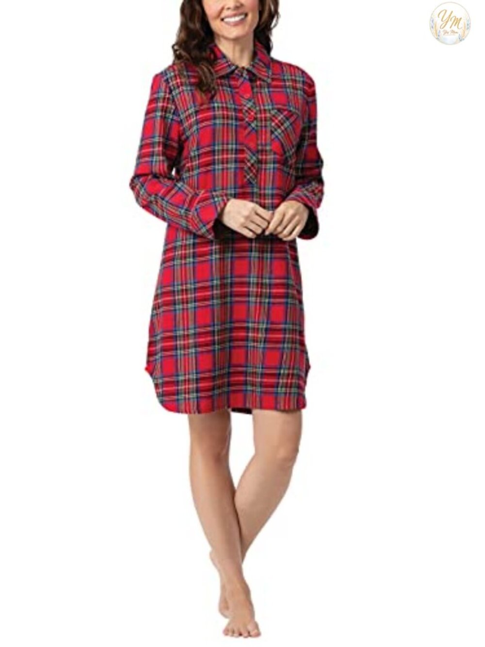 Womens Long Flannel Nightgown 100% Cotton Plaid Sleepwear